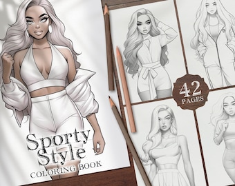 42 Sporty Style Girls Digital Coloring Book, Fashion Girls Printable PDF, Women Clothes Coloring Pages, Coloring PNG