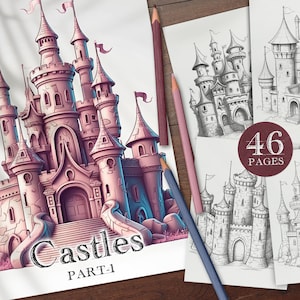 46 Castles Digital Coloring Book Part-1, Medieval Castle Coloring Pages, Floating Castle Printable PDF, Treehouse Castle Coloring PNG