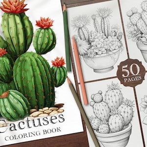 50 Cactuses Digital Coloring Book, Succulents in Pot Coloring Pages, Home Plants Colouring Sheets, Flowerpot, House plants PDF Printable