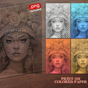 May include: A digital illustration of a woman with a floral crown and intricate face paint. The image is available in five different color variations: black and white, blue, orange, red, and yellow.