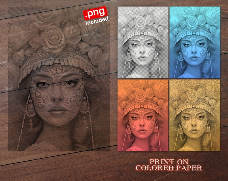 May include: A digital illustration of a woman with a floral crown and intricate face paint. The image is available in five different color variations: black and white, blue, orange, red, and yellow.