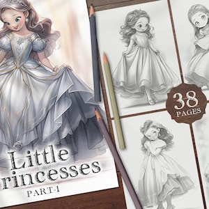 38 Little Princesses Digital Coloring Page Part-1, Cartoon Princess Coloring Pages, Little Girls in Dresses Printable PDF, Princess PNG
