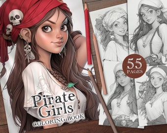 55 Cute Pirate Girls Digital Coloring Page, Anime Pirate Girls Coloring Pages, Manga Pirate Women Printable PDF, Pirate Girls Coloring PNG