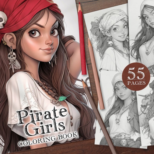 55 Cute Pirate Girls Digital Coloring Page, Anime Pirate Girls Coloring Pages, Manga Pirate Women Printable PDF, Pirate Girls Coloring PNG