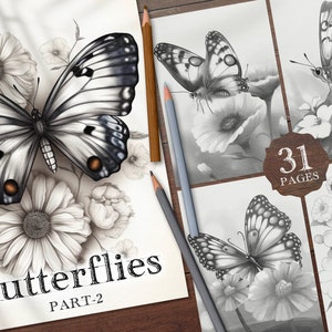 31 Butterflies with Flowers Digital Coloring Book Part-2, Realistic Printable PDF Butterfly Coloring Pages, Cute Butterfly Coloring PNG