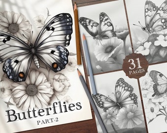 31 Butterflies with Flowers Digital Coloring Book Part-2, Realistic Printable PDF Butterfly Coloring Pages, Cute Butterfly Coloring PNG