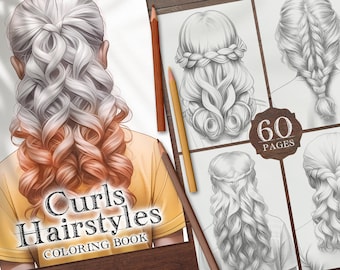 May include: A coloring book with the title "Curls Hairstyles Coloring Book" and a cover image of a woman with long, curly hair. The book has 60 pages.