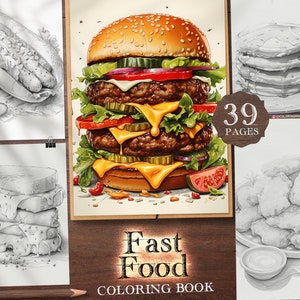 39 Fast Food Digital Coloring Book, Hamburger, French Fries, Pizza, Burrito, Taco, Hot Dog, Waffles, BBQ Ribs, Doner Kebab, Taco