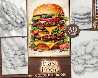 39 Fast Food Digital Coloring Book, Hamburger, French Fries, Pizza, Burrito, Taco, Hot Dog, Waffles, BBQ Ribs, Doner Kebab, Taco