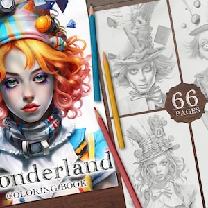 66 Wonderland digitaal kleurboek, meisje in Wonderland grijswaardenillustratie kleurplaten, Alice afdrukbare PDF-kleurplaten