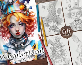 66 Wonderland Digital Coloring Book, Girl in Wonderland Grayscale Illustration Coloring Pages, Alice Printable PDF Coloring Sheets