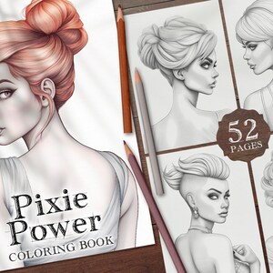 52 Pixie Power Hairstyles Digital Coloring Book, Fashion Girls Haircut Coloring Pages, Women Short Hairdo Printable PDF, Pixie Coloring PNG