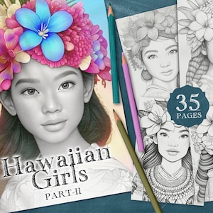35 Hawaiian Women Digital Coloring Book Part-2, Floral Girls Coloring Printable PDF, Hawaii Floral Girls Coloring Page PNG