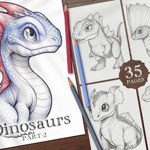 35 Dinosaurs Digital Coloring Book Part-2, PDF Printable Realistic Dinosaur Coloring Pages, Cute PNG Dino Coloring Pages for Kids
