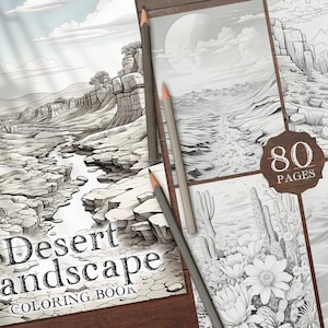 80 Desert Landscape Digital Coloring Book, Grayscale Desert Coloring Pages, Cactus Desert Landscape Coloring page, African Desert PDF