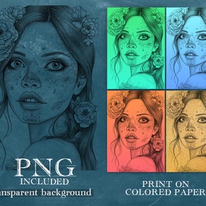 May include: A digital illustration of a woman's face with floral details. The woman has long, dark hair and is wearing a floral crown. The background is a blue-green color. The image is available as a PNG file with a transparent background.  Print on colored paper.