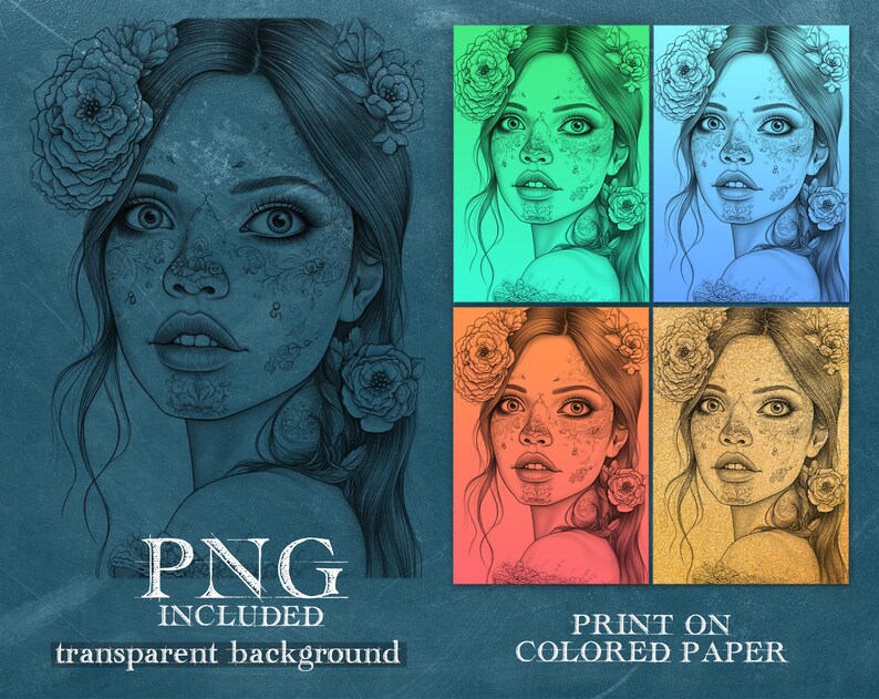 May include: A digital illustration of a woman's face with floral details. The woman has long, dark hair and is wearing a floral crown. The background is a blue-green color. The image is available as a PNG file with a transparent background.  Print on colored paper.