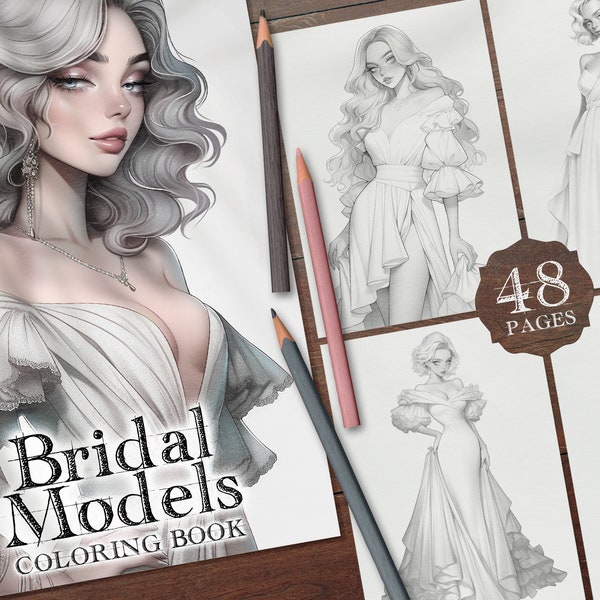 48 Brautmodels Digitale Malbuch, Mädchen in Hochzeitskleidern Malvorlagen, Hochzeitsmodels Printable PDF, Abendkleider PNG