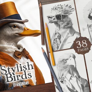 38 Stylish Birds wearing Haute Couture Part-2 Digital Coloring Book, Fashion Animals Coloring Pages, Fashion Birds Printable PDF