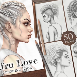 50 Afro Love Digital Coloring Book, African Haircut Coloring Pages, Afro Girl Hairdo Printable PDF, Afro Women Hairstyle Coloring PNG