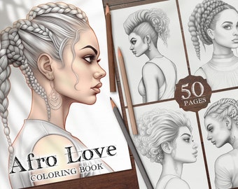 May include: A coloring book titled "Afro Love Coloring Book" with 50 pages. The cover features a black and white illustration of a woman with braided hair.