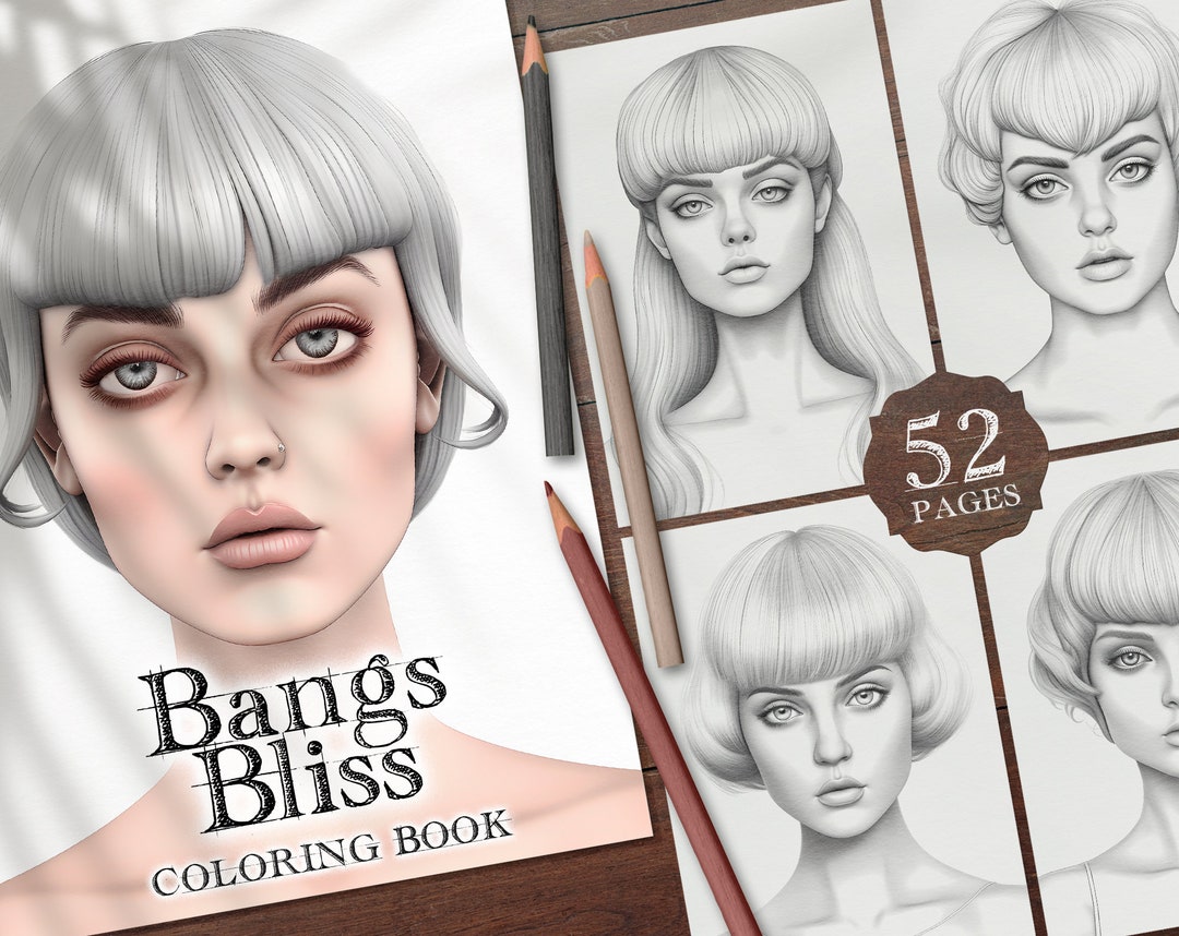52 Bangs Bliss Digital Coloring Book, Bangs Hairstyle Coloring Pages ...
