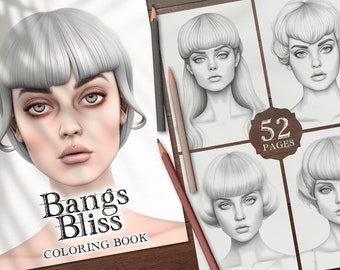 May include: A coloring book titled "Bangs Bliss Coloring Book" with a black and white illustration of a woman with bangs on the cover. The book has 52 pages.