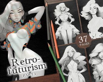 37 Girls in Retro-futurism Fashion Style Part -2 Digital Coloring Book, Fashion Clothes Coloring Pages, Fashion Models Woman Coloring PNG