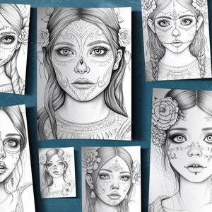 May include: A collection of black and white line drawings of women with intricate floral and skull designs on their faces. The drawings are in a traditional Day of the Dead style.