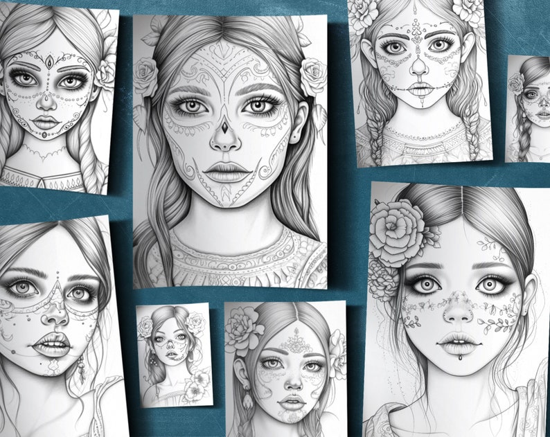 May include: A collection of black and white line drawings of women with intricate floral and skull designs on their faces. The drawings are in a traditional Day of the Dead style.