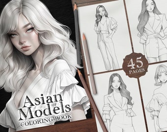 45 Asian Fashion Models Digital Coloring Book, Clothes Coloring Pages, Clothing Coloring PNG, Korean, Japanese Women, Chinese Girl PDF