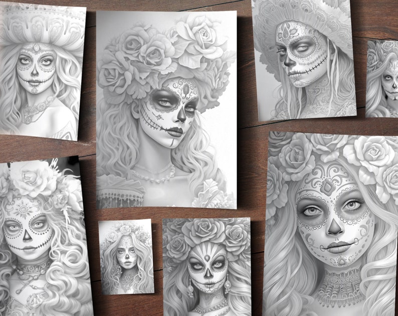 May include: A set of five black and white printable coloring pages featuring women with sugar skull makeup and floral headbands. The women are depicted with intricate details and delicate features.