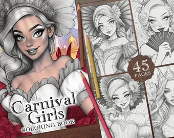 45 Carnival Girls Digital Coloring Pages, Rio Brazil Carnival Coloring Pages, Mardi Gras Printable PDF, Masquerade Coloring PNG