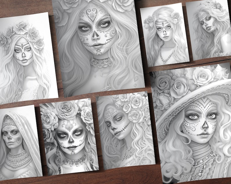 May include: A set of nine black and white coloring pages featuring women with sugar skull makeup and floral headpieces. The pages are printed on high-quality paper and are perfect for adults and children who enjoy coloring.