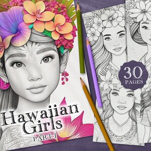 30 Hawaiian Girls Digital Coloring Book Part-1, Floral Girls Coloring Sheet PDF, Hawaii Floral Woman Coloring Page Printable PNG