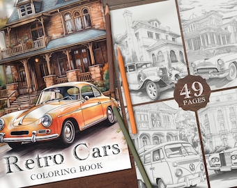 49 Retro Cars with luxury House Digital Coloring Book, Vintage Cars Coloring Pages, Houses Colouring Page Printable PDF, Coloring Sheet PNG
