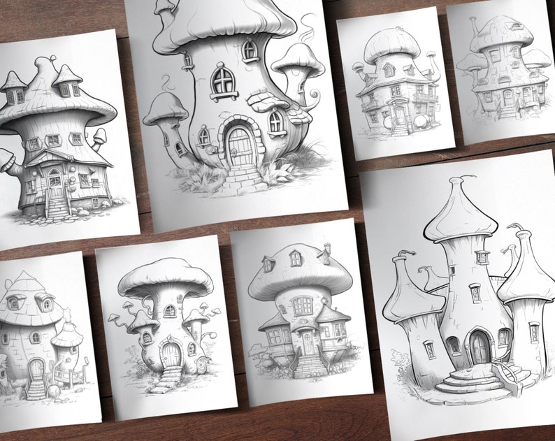 25 Mushroom Huts Digital Coloring Book Mushroom House Etsy
