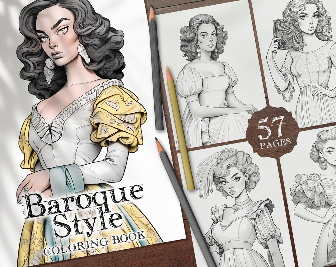 57 Girls in Baroque Style Digital Coloring Book, Baroque Fashion