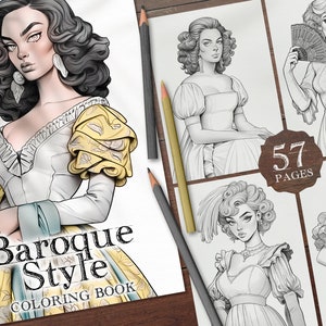 57 Girls in Baroque Style Digital Coloring Book, Baroque  Fashion Coloring Pages, Baroque Woman Printable PDF, Baroque Clothes Coloring PNG