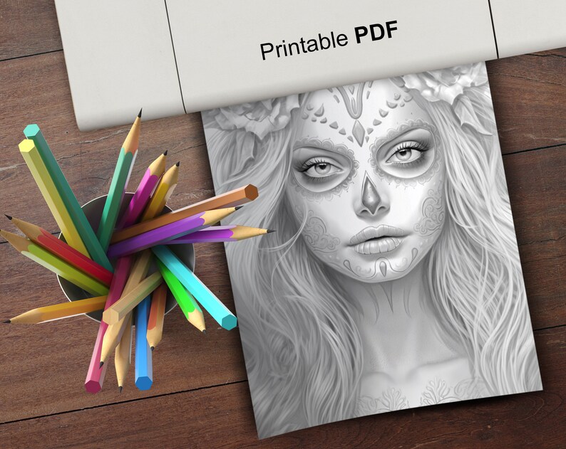 May include: A black and white printable coloring page featuring a woman with a sugar skull makeup design. She has long, flowing hair and is wearing a floral crown. The page is titled "Printable PDF".