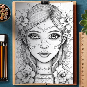 May include: A black and white line drawing of a woman with long hair, wearing a flower crown and a necklace. She has intricate details on her face and ears. The drawing is on a white background.