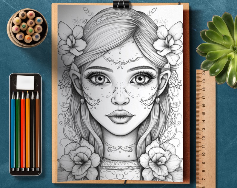 May include: A black and white line drawing of a woman with long hair, wearing a flower crown and a necklace. She has intricate details on her face and ears. The drawing is on a white background.