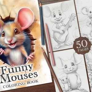 50 Funny Mouses Digital Coloring Book, Fairytale Mice Coloring Pages, Secret Life of a Mouse Grayscale Coloring Printable PDF, Coloring PNG