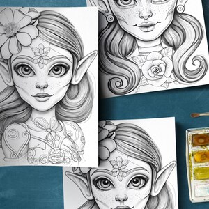 May include: Three black and white line drawings of elf characters with floral details. The elf characters have large eyes, pointed ears, and long flowing hair. The drawings are on white paper.
