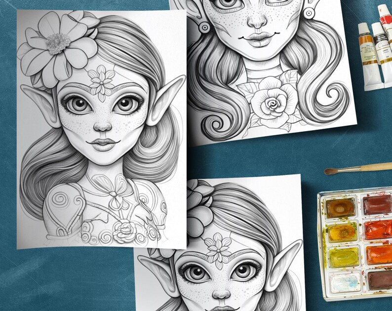 May include: Three black and white line drawings of elf characters with floral details. The elf characters have large eyes, pointed ears, and long flowing hair. The drawings are on white paper.