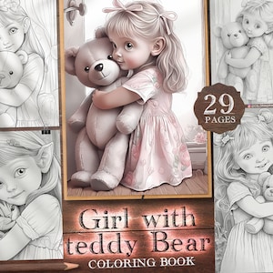 29 Little Girls with Teddy Bears Digital Coloring Book, Cute Little Girl Coloring Pages, Little Beauties with Toy Colouring Sheets, PDF, PNG