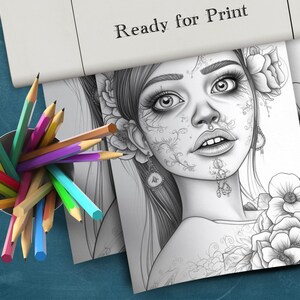 May include: A black and white printable coloring page featuring a detailed illustration of a woman with intricate floral designs on her face and hair. The woman is wearing a necklace and earrings. The background features flowers and leaves.