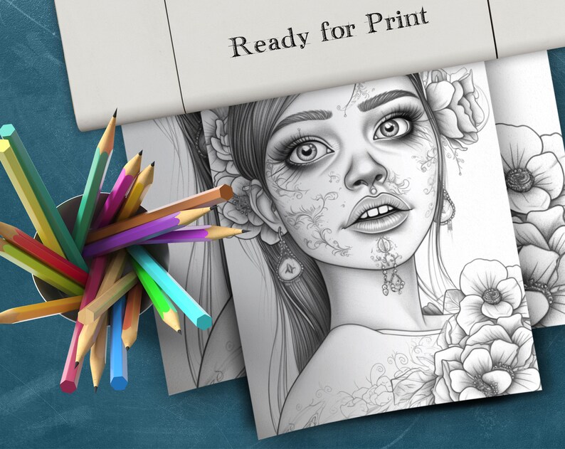 May include: A black and white printable coloring page featuring a detailed illustration of a woman with intricate floral designs on her face and hair. The woman is wearing a necklace and earrings. The background features flowers and leaves.
