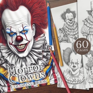 60 Horror Zirkus Clowns Digitales Malbuch, Gruselige Clowns Malseiten, Gruseliger Clown Druckbares PDF zum Ausdrucken, Böser Clown Färbung PNG