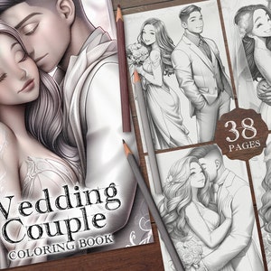 38 Wedding Couple Digital Coloring Book, Bride and Groom Grayscale Coloring Pages, Love History Printable PNG, Love Couple Coloring PNG